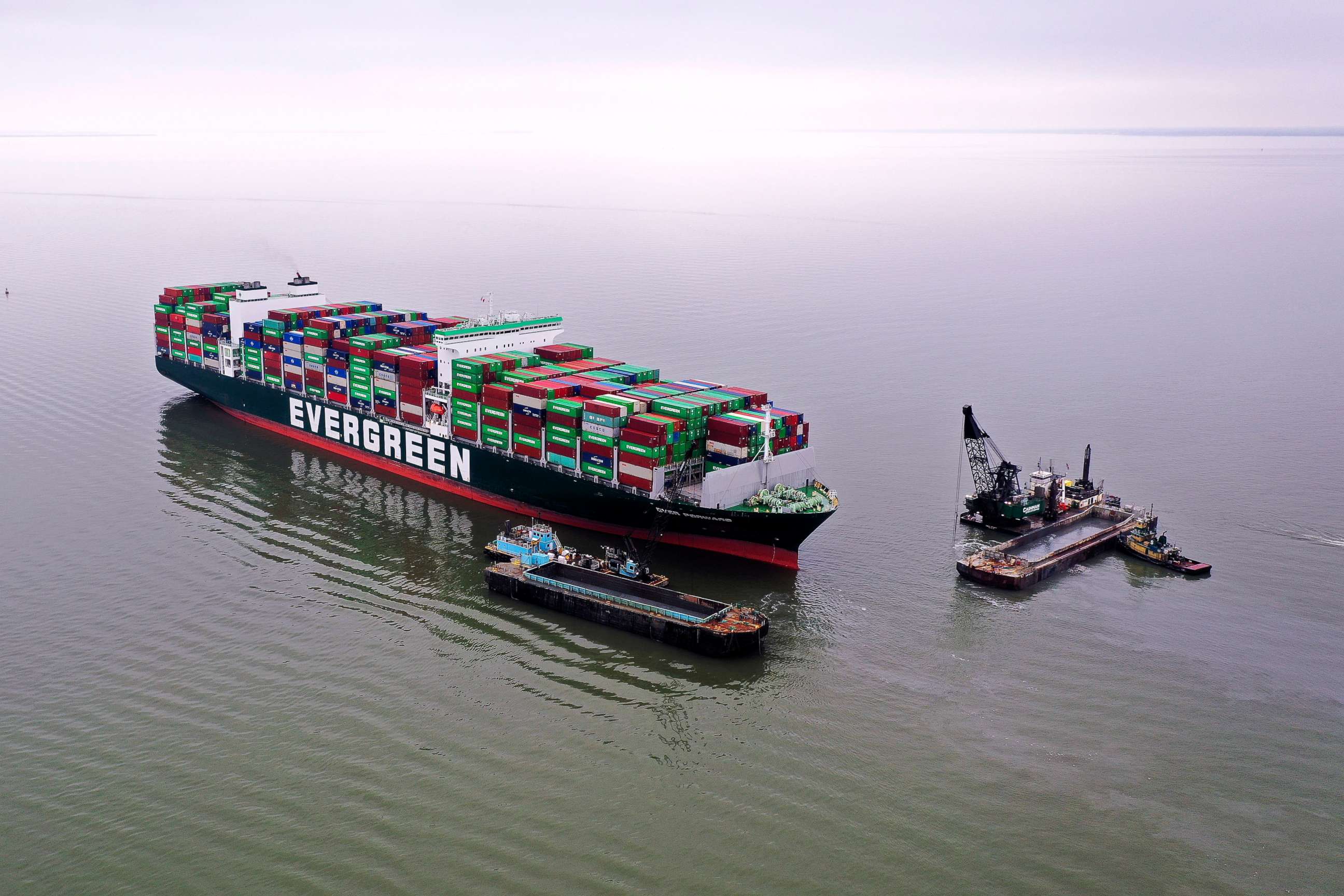 PHOTO: The Ever Forward container ship is shown in the Chesapeake Bay after running aground near Baltimore on April 5, 2022 in Pasadena, Maryland.