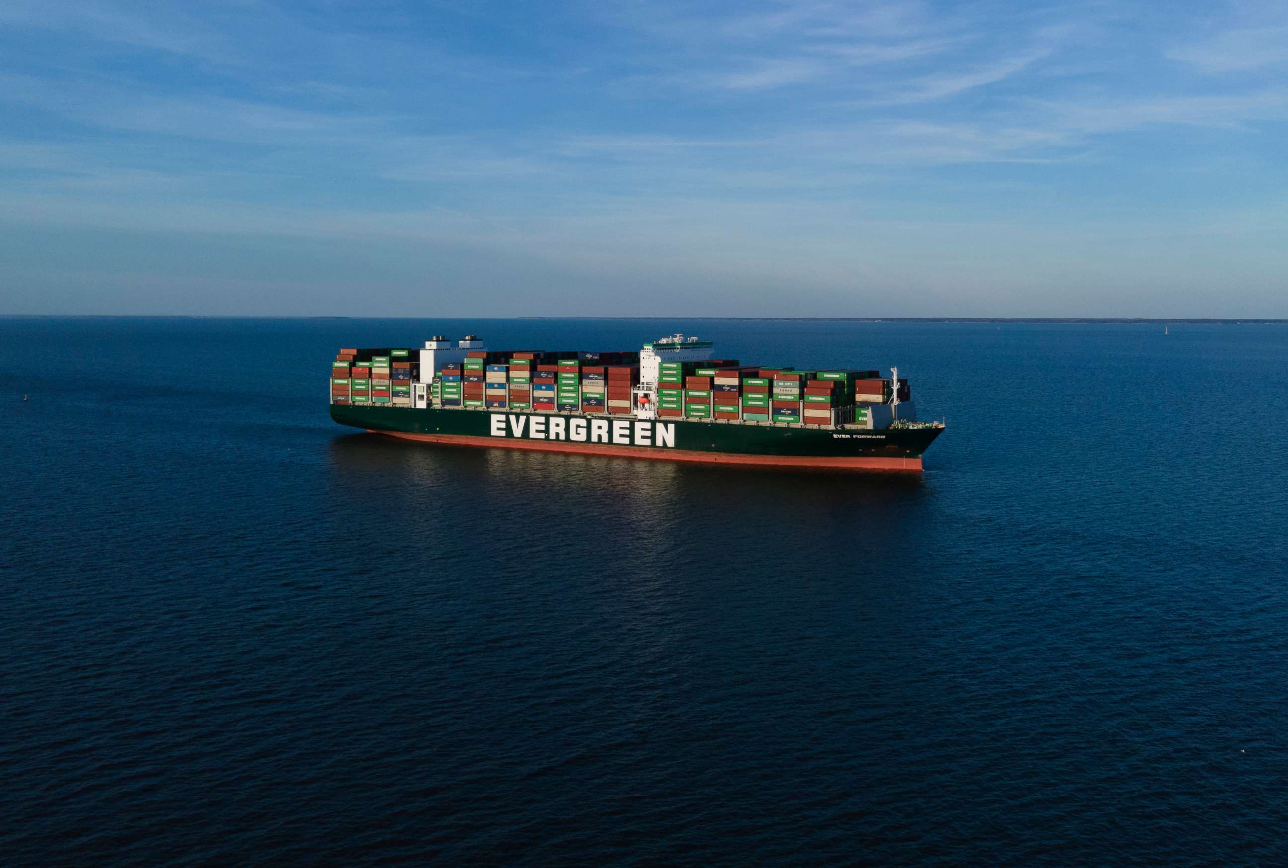 PHOTO: The container ship Ever Forward, owned by Evergreen Marine, which ran aground in the Chesapeake Bay off the coast near Pasadena, Md., the night before, is seen Monday, March 14, 2022.