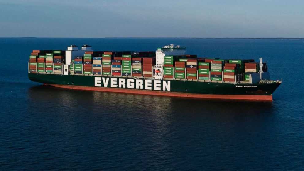 PHOTO: The container ship Ever Forward, owned by Evergreen Marine, which ran aground in the Chesapeake Bay off the coast near Pasadena, Md., the night before, is seen Monday, March 14, 2022.
