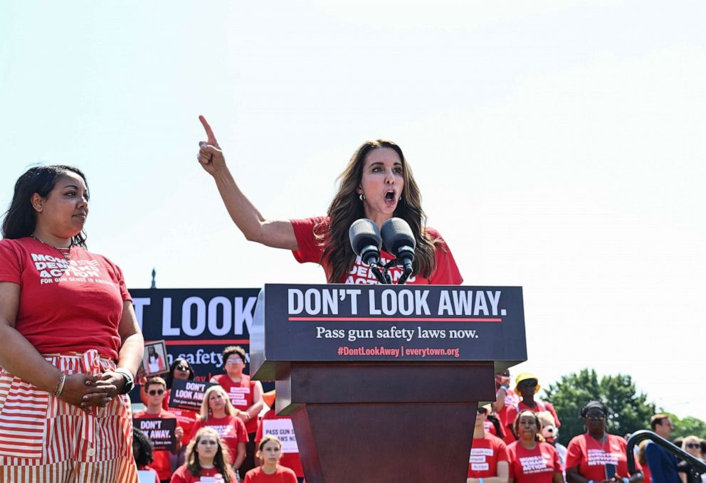 PHOTO: Shannon Watts, founder of Moms Demand Action and Monisha Henley, senior director of State Government Affairs at Everytown for Gun Safety, left, speak at a rally demanding action on gun violence on June 8, 2022 in Washington, D.C.
