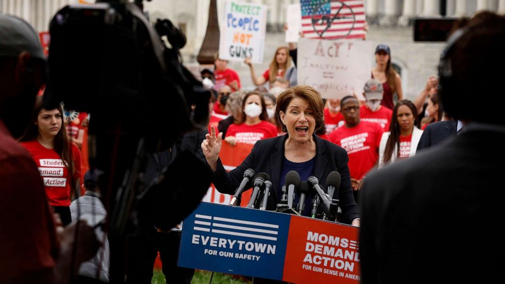 PHOTO: Sen. Amy Klobuchar addresses a rally with fellow Congressional Democrats and gun control advocacy groups outside the U.S. Capitol, May 26, 2022 in Washington.