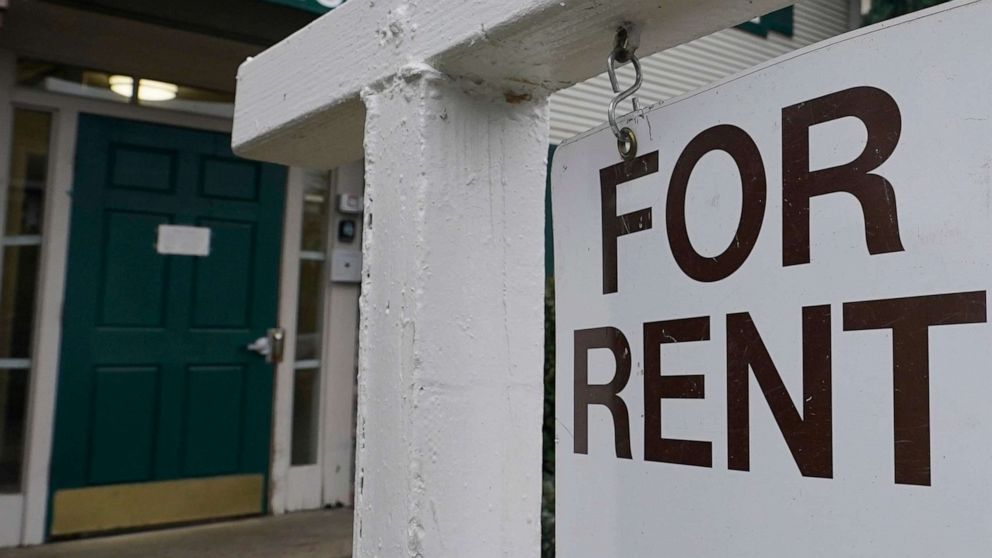 PHOTO: FILE - In this Jan. 27, 2021, file photo, a For Rent sign is posted in Sacramento, Calif. 