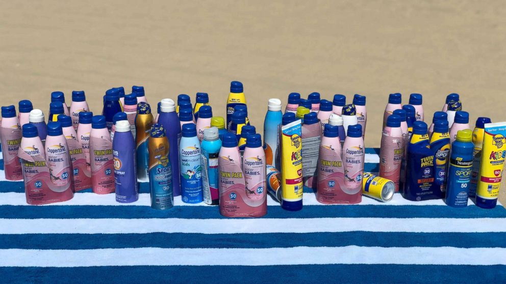 PHOTO: Bottles of expires sunscreen are photographed here on a beach in New Jersey.
