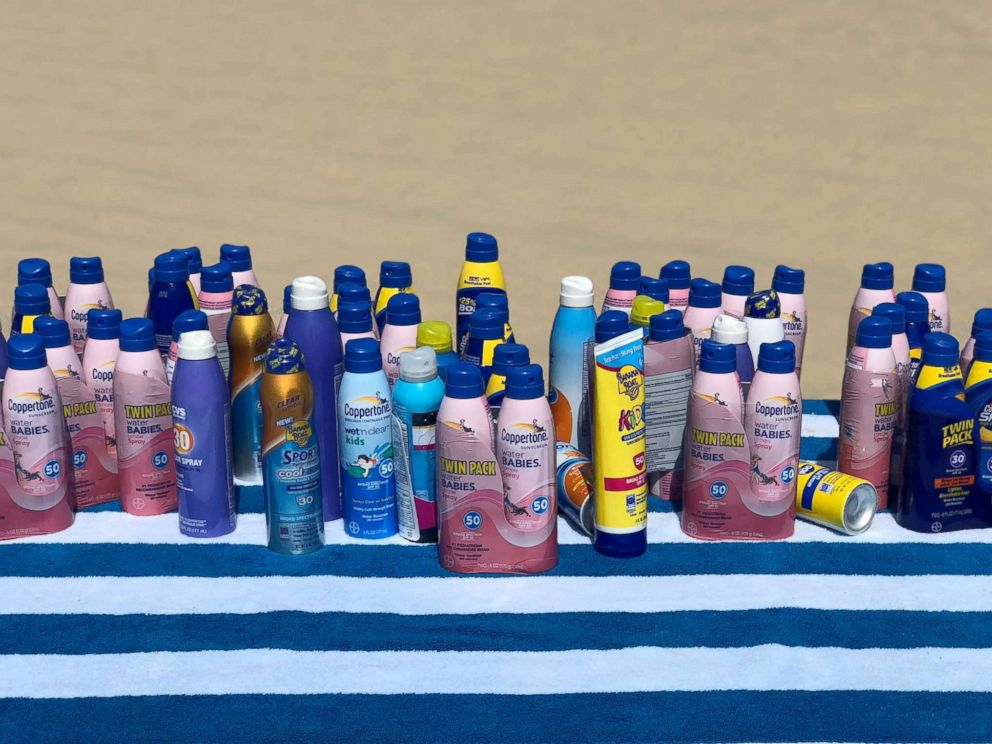 PHOTO: Bottles of expires sunscreen are photographed here on a beach in New Jersey.