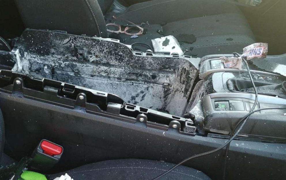 PHOTO: damage to car from exploding dry shampoo can