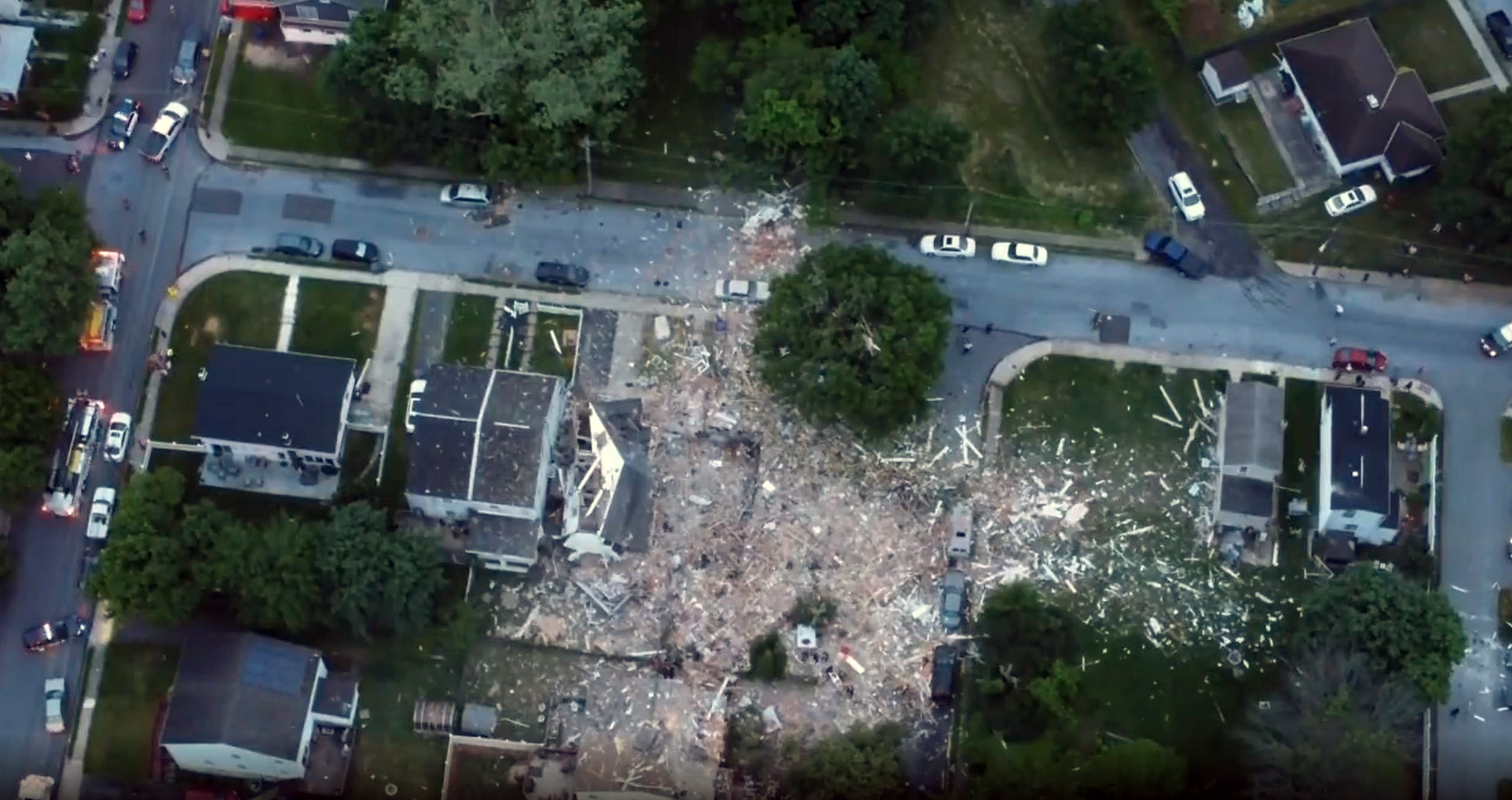 PHOTO: Drone footage shot May 27, 2022, shows wreckage from an explosion in Pottstown, Penn.