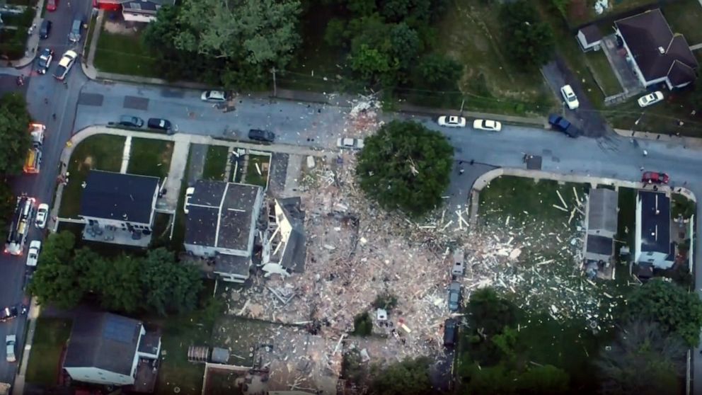 PHOTO: Drone footage shot May 27, 2022, shows wreckage from an explosion in Pottstown, Penn.