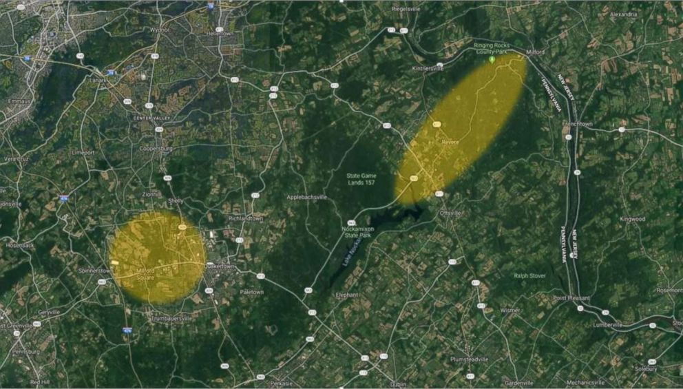 PHOTO: The ongoing investigation into a series of explosions in Pennsylvania's Upper Bucks County has concentrated most heavily in the greater Quakertown area, especially Milford Township, as well as locations near Ottsville and Upper Black Eddy.