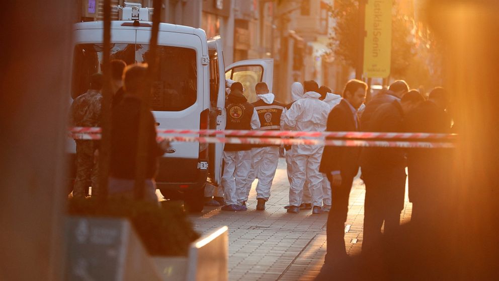 PHOTO: Police and emergency service members work at the scene after an explosion on busy pedestrian Istiklal street in Istanbul, Turkey, Nov. 13, 2022. 