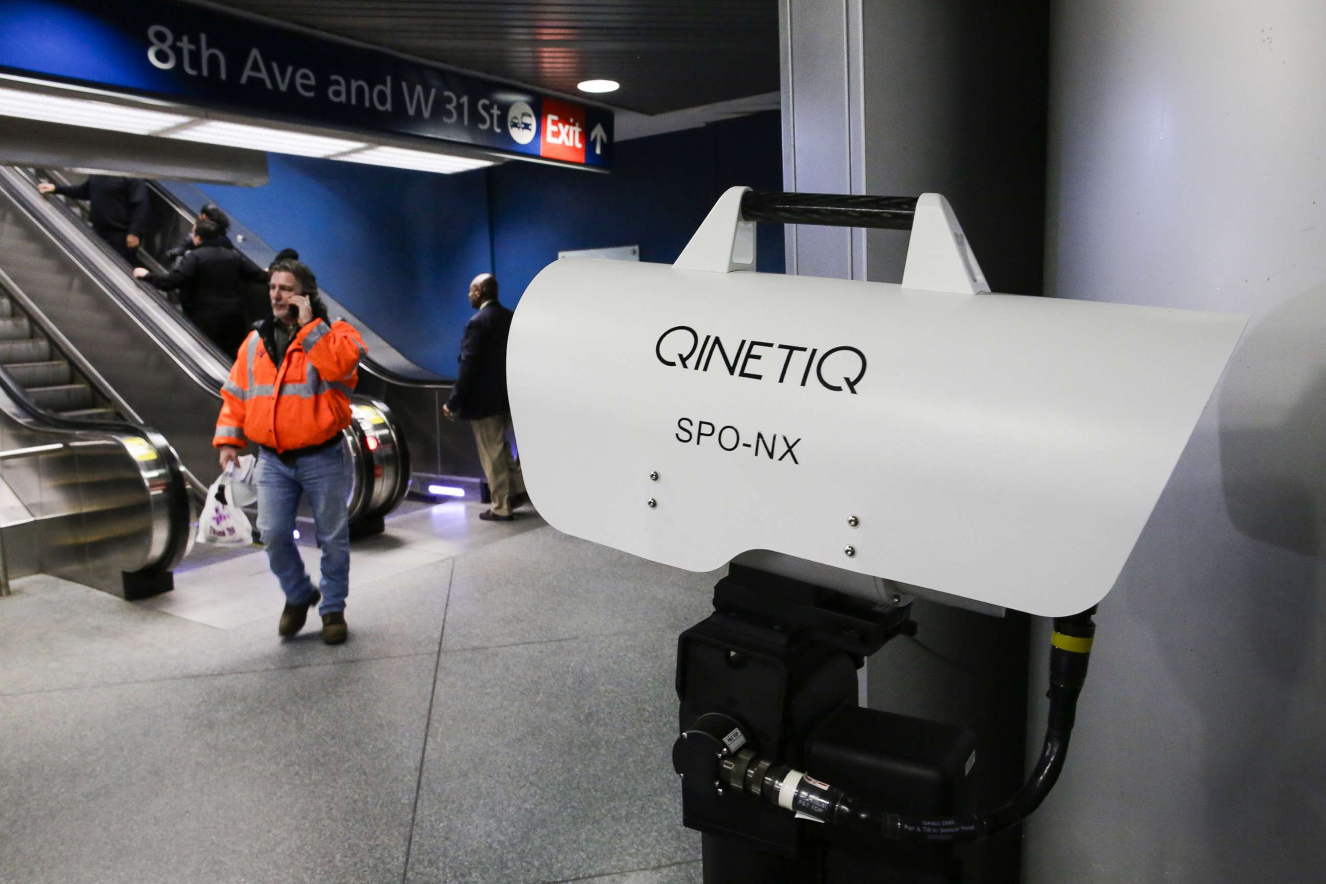 PHOTO: Pedestrians walk past a device designed to detect explosives at New York City's Penn Station on Feb. 27, 2018.