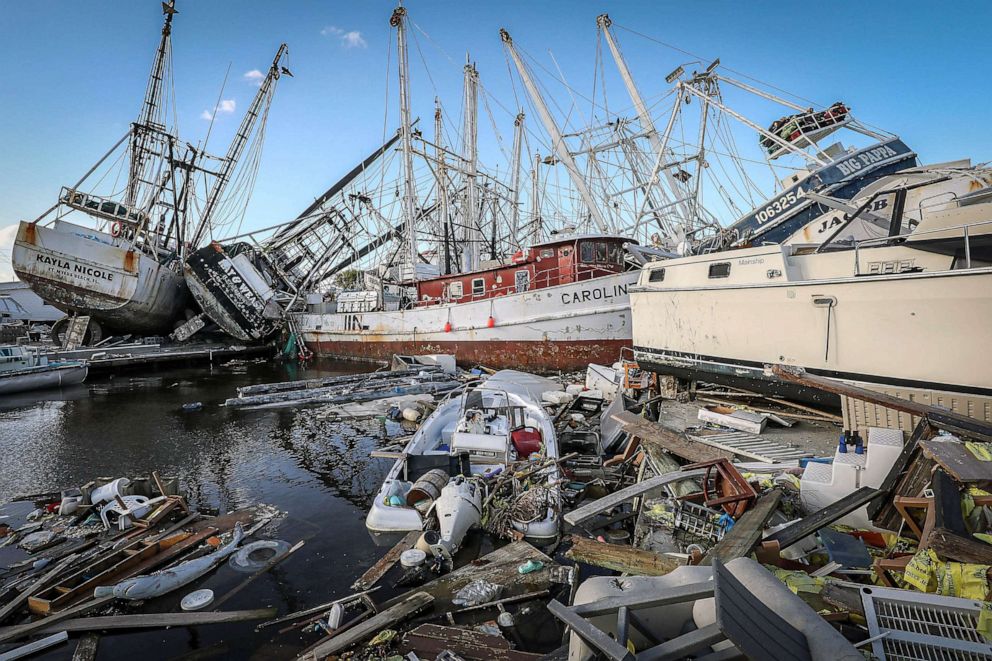 PHOTO: In this Nov. 7, 2022, file photo, boats piled up and destroyed by Hurricane Ian are seen on San Carlos Island in Fort Myers Beach, Fla.