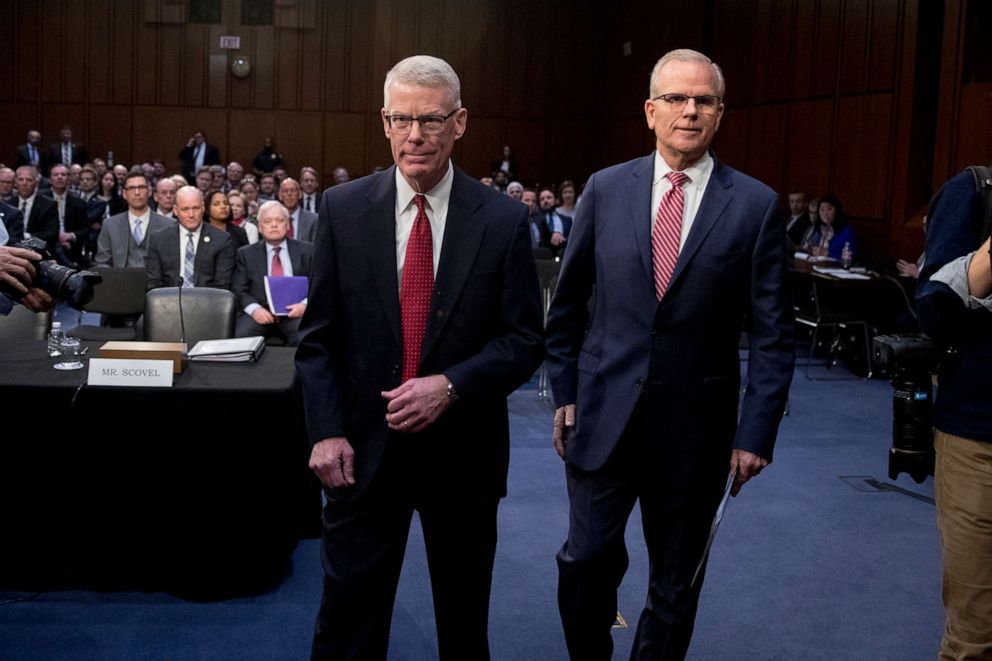 PHOTO: FAA Acting Administrator Daniel Elwell, and Department of Transportation Inspector General Calvin Scovel, arrive for a Senate Transportation subcommittee hearing on commercial airline safety, on Capitol Hill, March 27, 2019, in Washington.