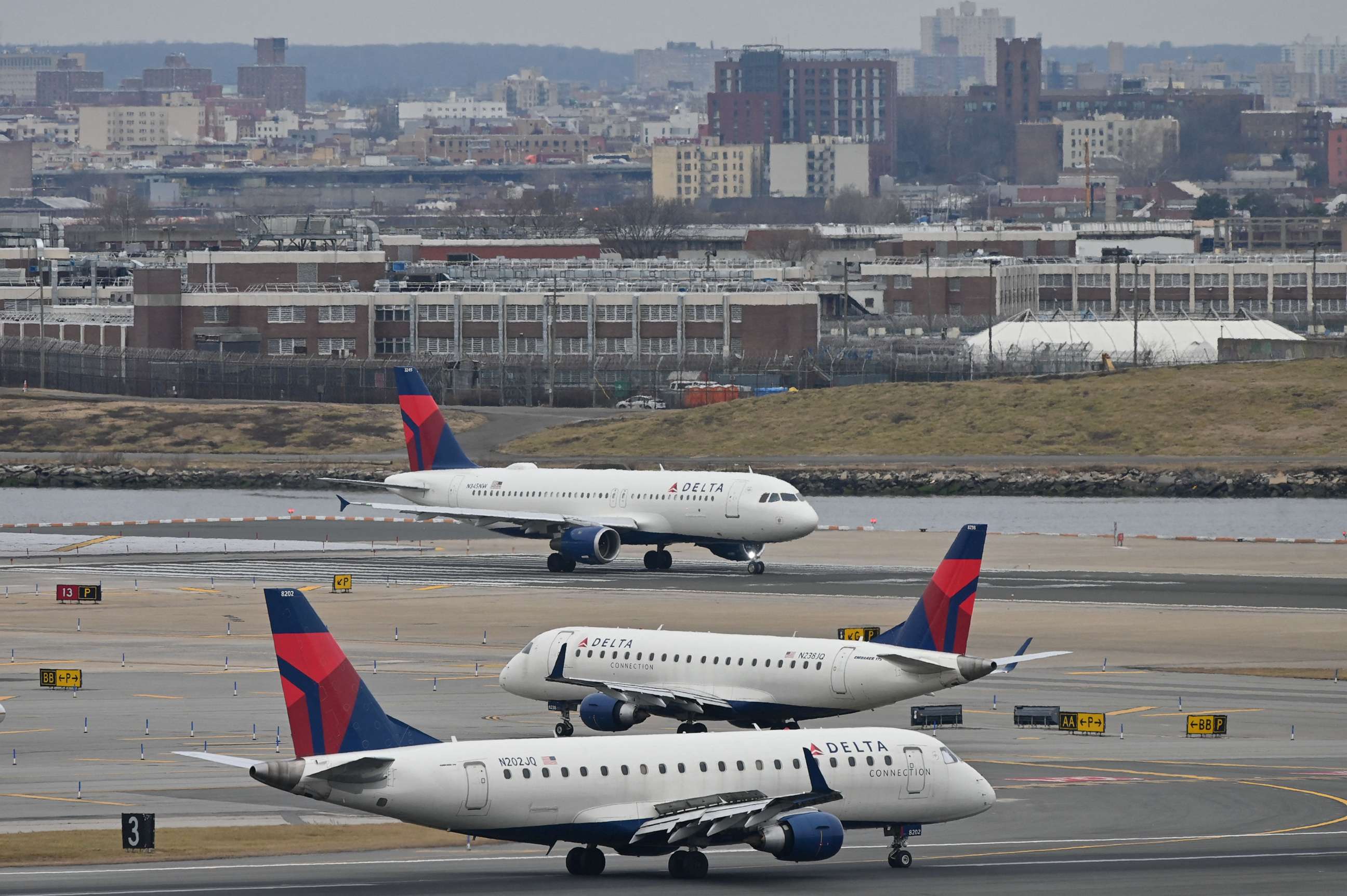 PHOTO: Delta Airlines planes taxi at LaGuardia Airport, Jan. 11, 2023, in New York.