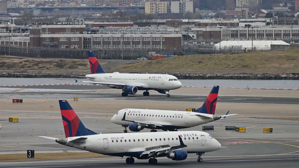 PHOTO: Delta Airlines planes taxi at LaGuardia Airport, Jan. 11, 2023, in New York.