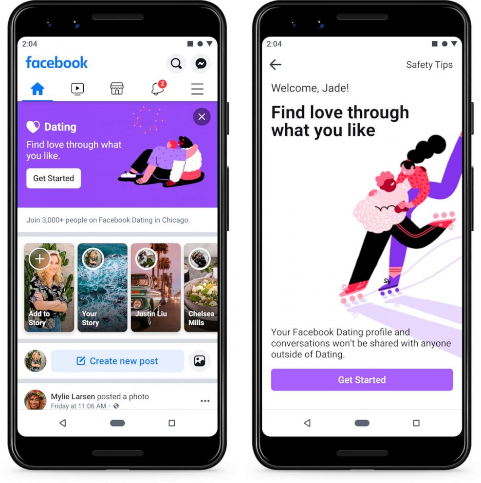 PHOTO: This undated product image provide by Facebook shows screenshots of Facebook Dating, a mobile-only matchmaking service. On Thursday, Sept. 5, 2019, the service will launch in the U.S.