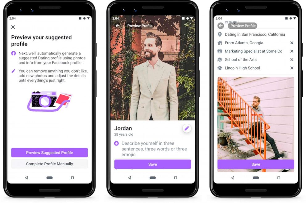 PHOTO: This undated product image provide by Facebook shows screenshots of Facebook Dating, a mobile-only matchmaking service. On Thursday, Sept. 5, 2019, the service will launch in the U.S.