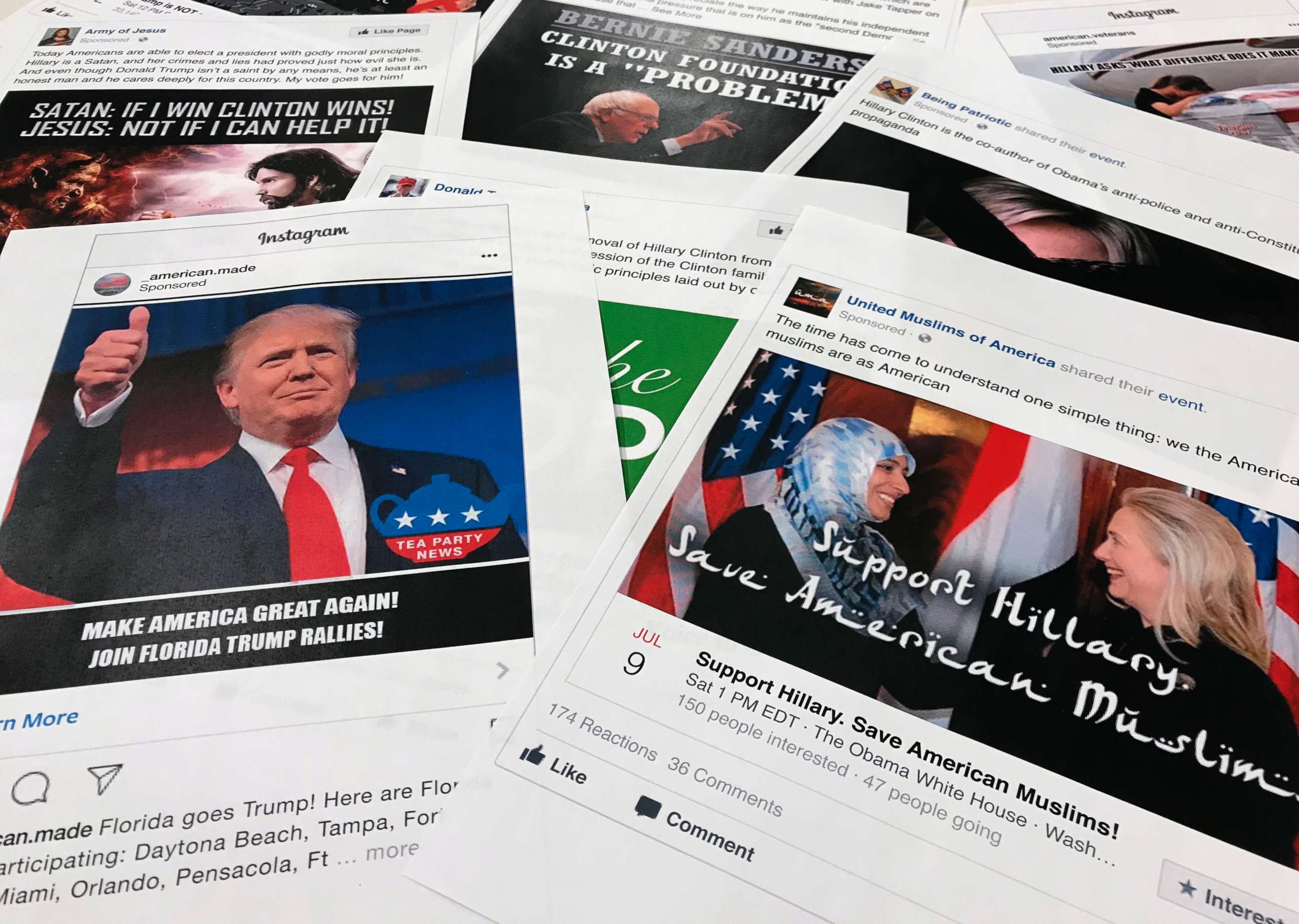 PHOTO: Facebook and Instagram ads linked to a Russian effort to disrupt the American political process and stir up tensions around divisive social issues, released by members of the U.S. House Intelligence committee, in Washington, Nov. 1, 2017.