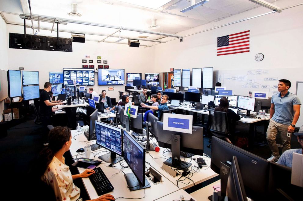 PHOTO: Employees work in Facebook's "War Room," during a media demonstration, Oct. 17, 2018, in Menlo Park, Calif. 