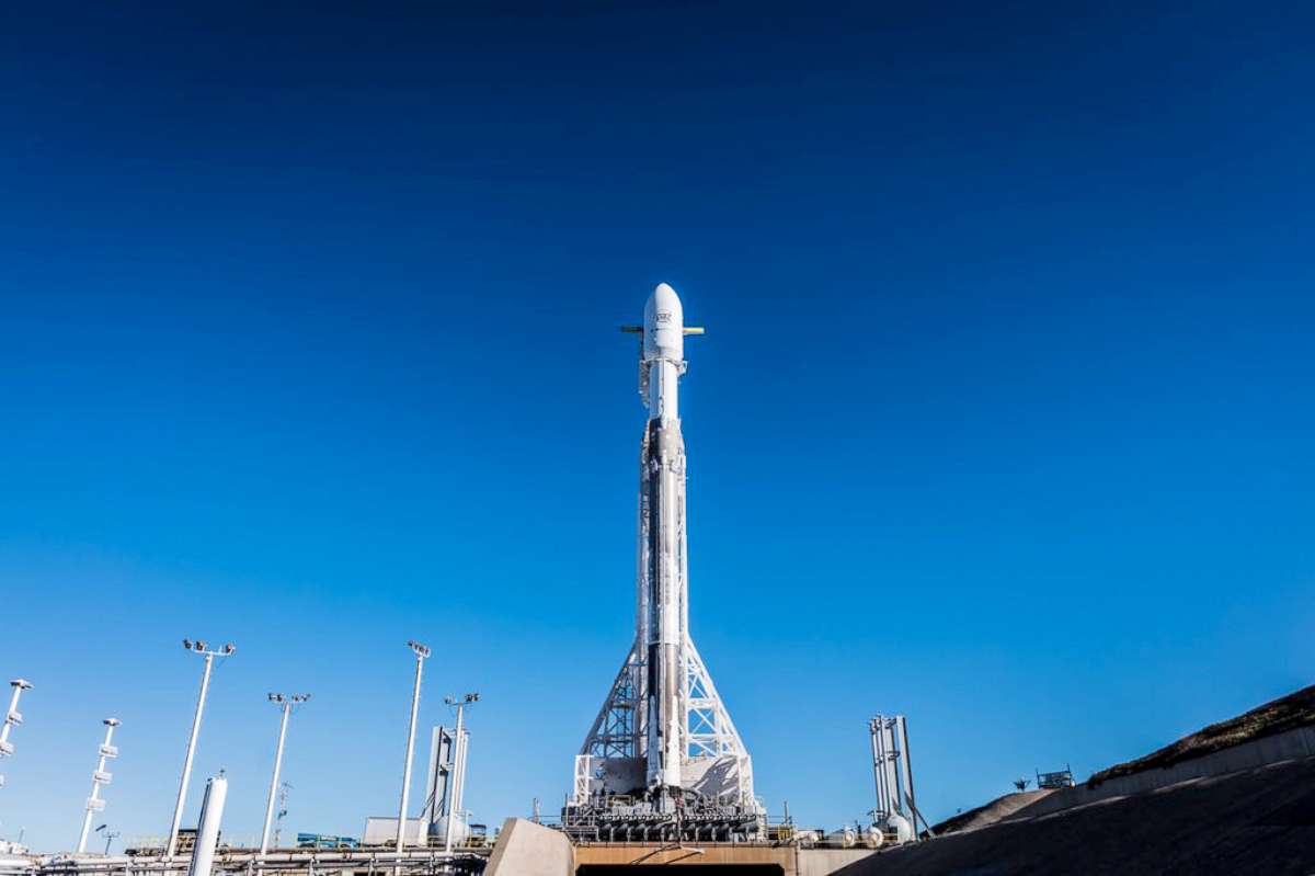 PHOTO: The Falcon 9 rocket sits on the launch pad prior to launch, Feb. 21, 2018, Vandenberg Air Force Base in California.
