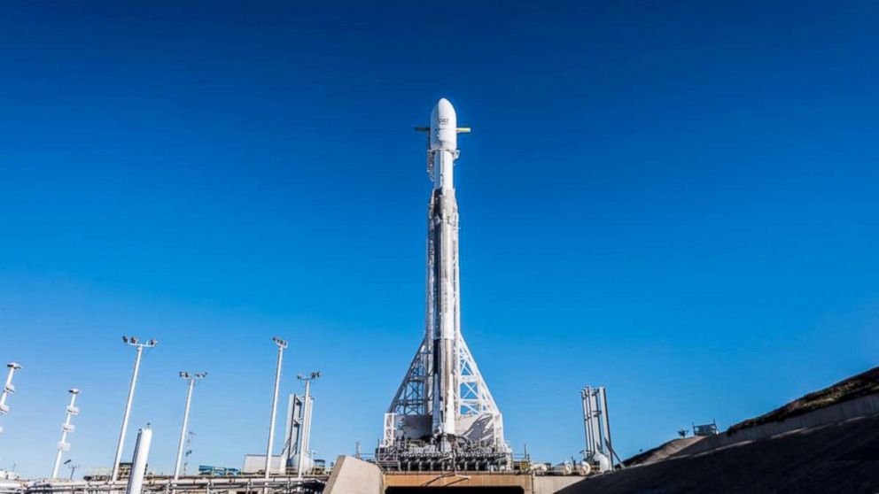 The Falcon 9 rocket sits on the launch pad prior to launch, Feb. 21, 2018, Vandenberg Air Force Base in California.