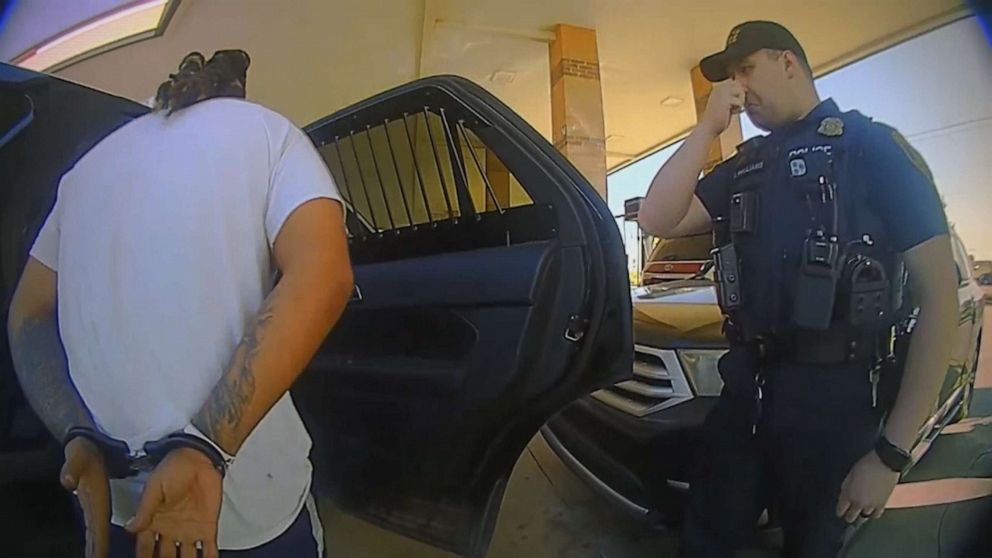 PHOTO: An image made from police body camera footage shows an incident where Steven Bomer was detained at a gas station following a false 911 report in Norman, Okla., on June 15, 2021.