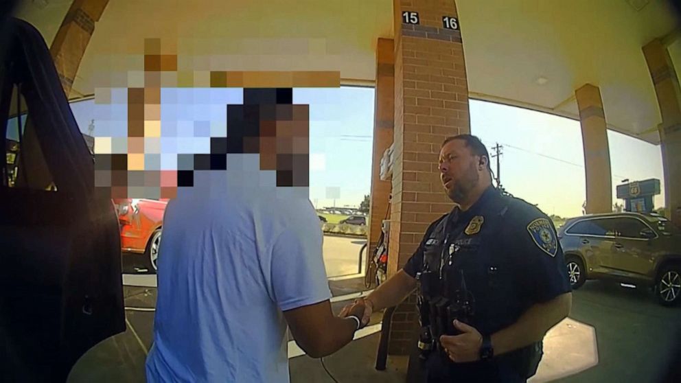 PHOTO: An image made from police body camera footage shows an incident where Steven Bomer was detained at a gas station following a false 911 report in Norman, Okla., on June 15, 2021.