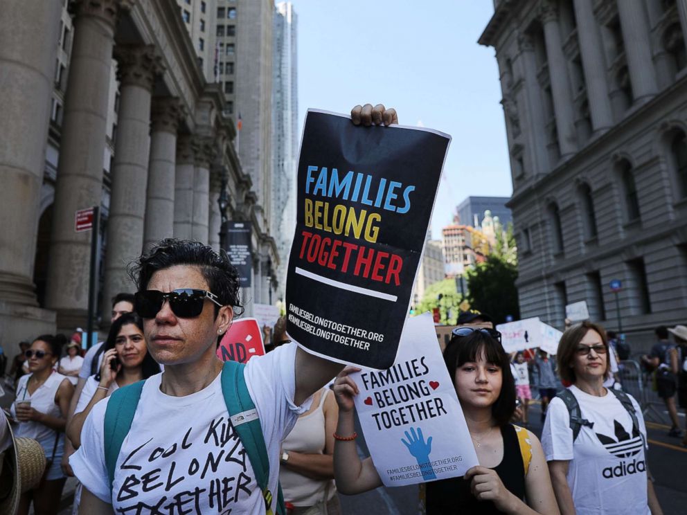 PHOTO: Thousands of people march in support of families separated at the U.S.-Mexico border on June 30, 2018 in New York.