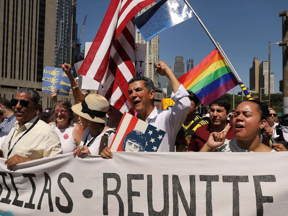 PHOTO: Thousands of people march in support of families separated at the U.S.-Mexico border on June 30, 2018 in New York.