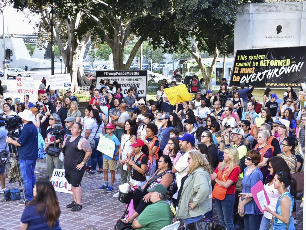 PHOTO:A crowd is pictured at The Womens March LA Rally for Families Belong Together - A Day of Action at Los Angeles City Hall on June 28, 2018, in Los Angeles.