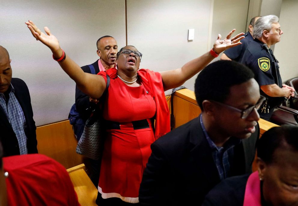 PHOTO: Botham Jean's mother, Allison Jean, rejoices in the courtroom after fired Dallas police Officer Amber Guyger was found guilty of murder, Oct. 1, 2019, in Dallas.