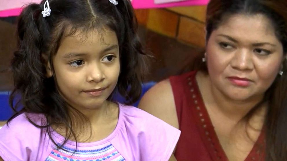 PHOTO: Allison Ximena, 6, and her mother Cindy Madrid participate in a press conference after they were reunited in Houston, Texas, July 13, 2018.