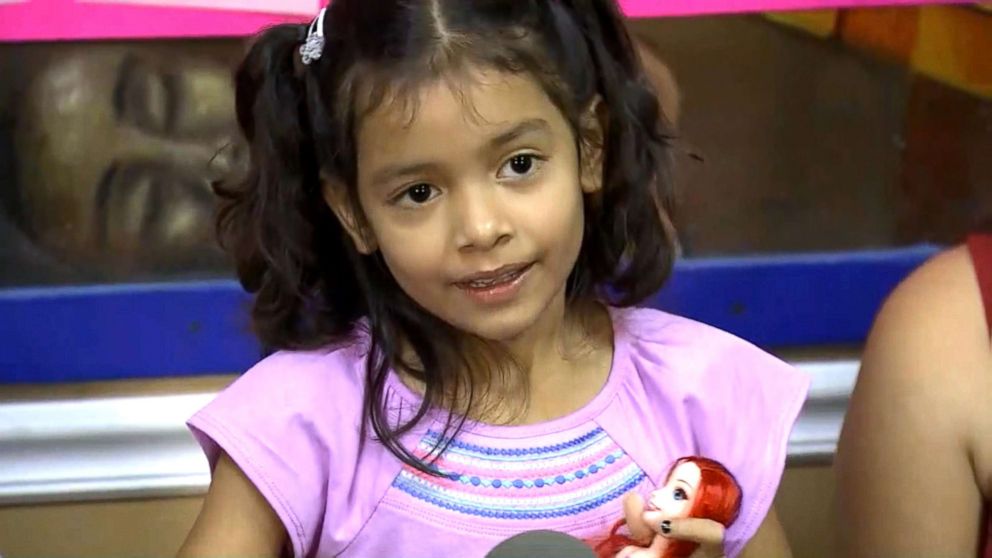 PHOTO: Allison Ximena, 6, speaks during a press conference after she was reunited with her mother, Cindy Madrid, in Houston, Texas, July 13, 2018.