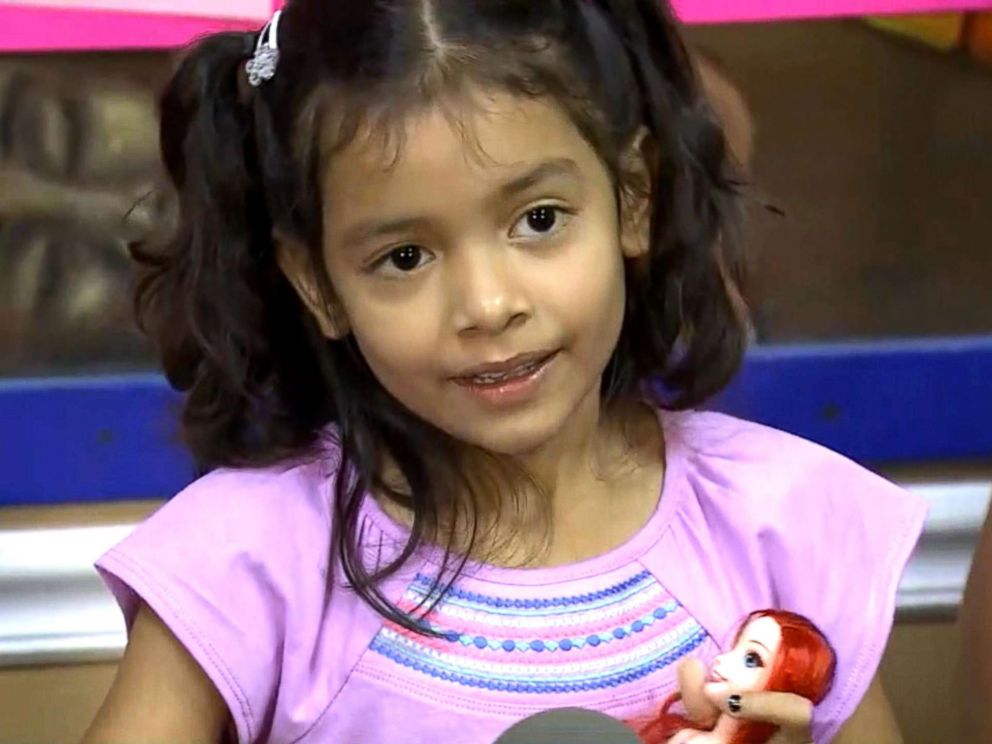 PHOTO: Allison Ximena, 6, speaks during a press conference after she was reunited with her mother, Cindy Madrid, in Houston, Texas, July 13, 2018.