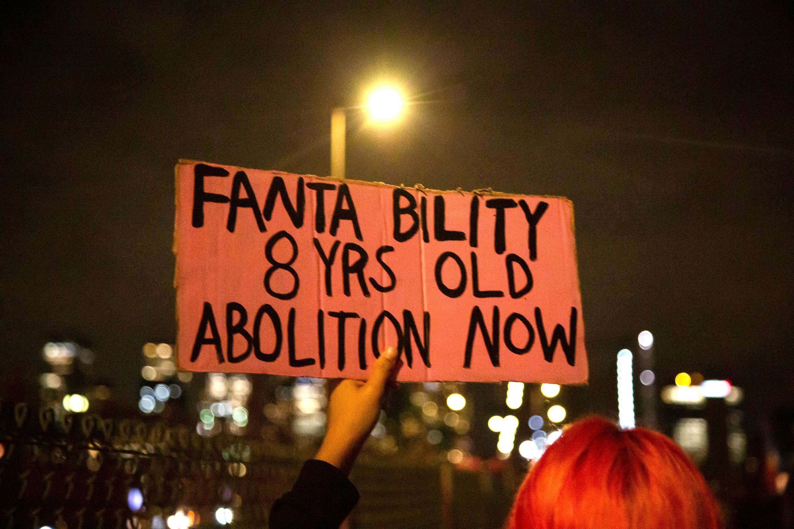 PHOTO: Demonstrators gathered at Barclay's Center to march across the Brooklyn Bridge on Oct. 6, 2021 to honor the life of Fanta Bility, an 8-year-old girl killed by police fire outside a high school football game in Sharon Hill, Pa., on Aug. 27, 2021.  