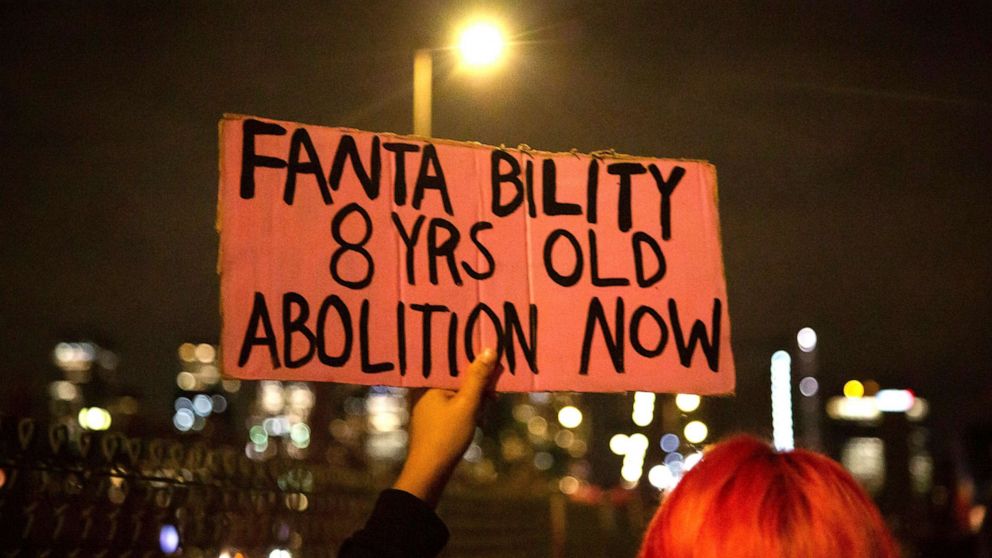 PHOTO: Demonstrators gathered at Barclay's Center to march across the Brooklyn Bridge on Oct. 6, 2021 to honor the life of Fanta Bility, an 8-year-old girl killed by police fire outside a high school football game in Sharon Hill, Pa., on Aug. 27, 2021.  