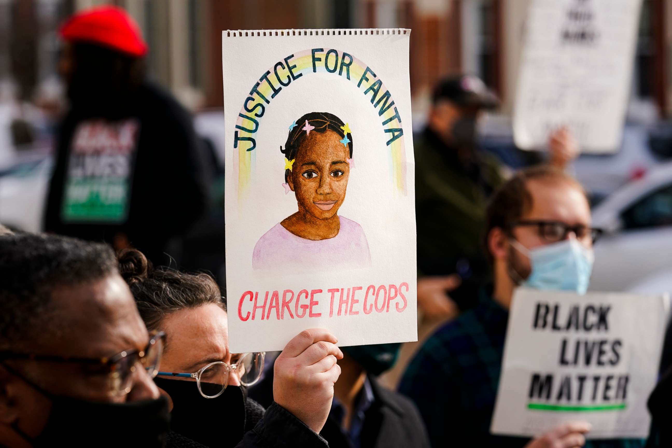 PHOTO: Protesters demonstrate calling for police accountability in the death of 8-year-old Fanta Bility who was shot outside a football game, at the Delaware County Courthouse in Media, Pa., on Jan. 13, 2022.