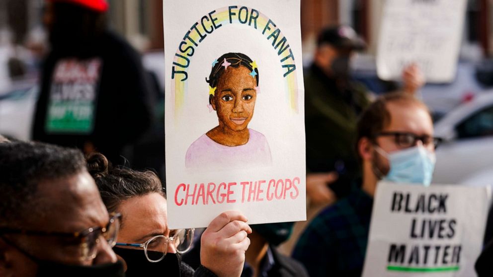 PHOTO: Protesters demonstrate calling for police accountability in the death of 8-year-old Fanta Bility who was shot outside a football game, at the Delaware County Courthouse in Media, Pa., on Jan. 13, 2022.
