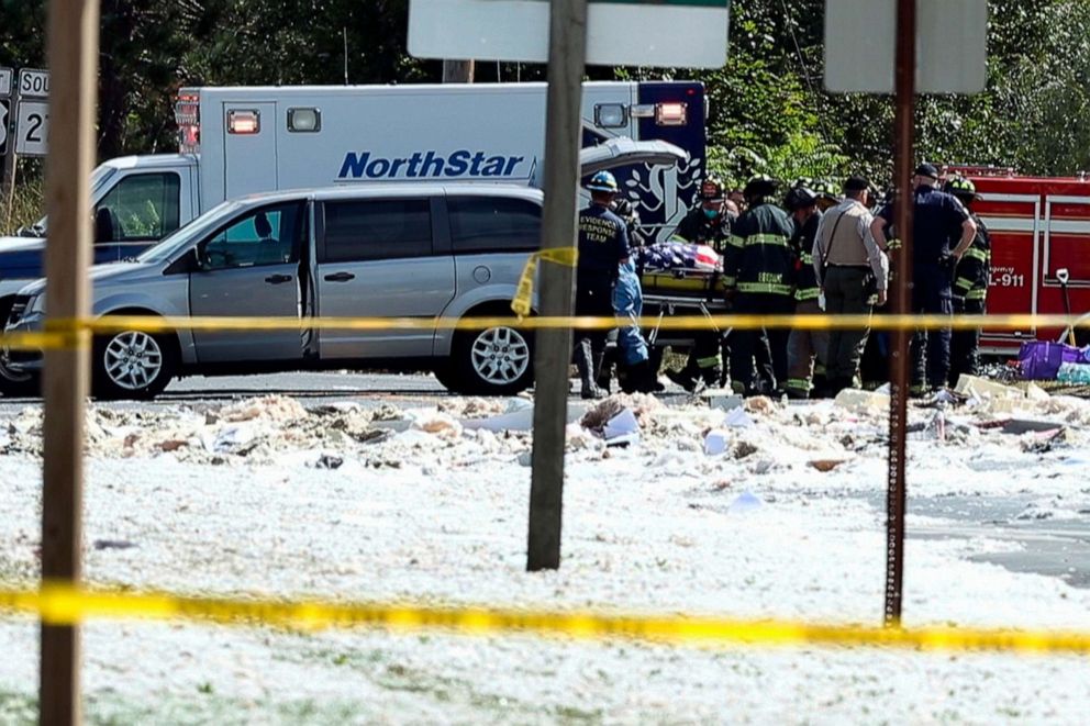 PHOTO: In an image from video, a flag-draped body is moved to a coroner's vehicle at the scene of an explosion, Sept. 16, 2019, in Farmington, Maine. 