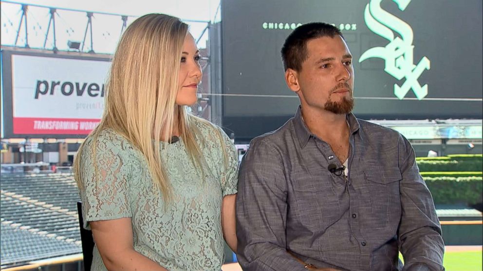 PHOTO: White Sox pitcher Danny Farquhar talks with ABC News, May 31, 2018, with his wife, Lexie Farquhar, following his recovery from a brain hemorrhage earlier this year.