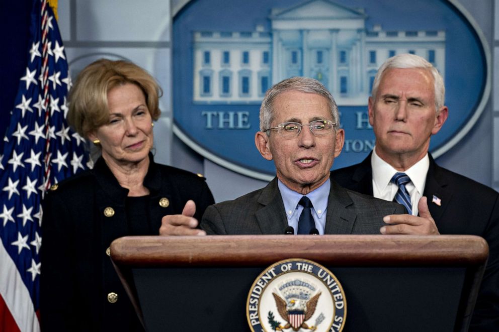 PHOTO: Anthony Fauci, center, speaks as Vice President Mike Pence, right, and Deborah Birx, coronavirus response coordinator, listen during a news conference in the briefing room of the White House in Washington on March 2, 2020.