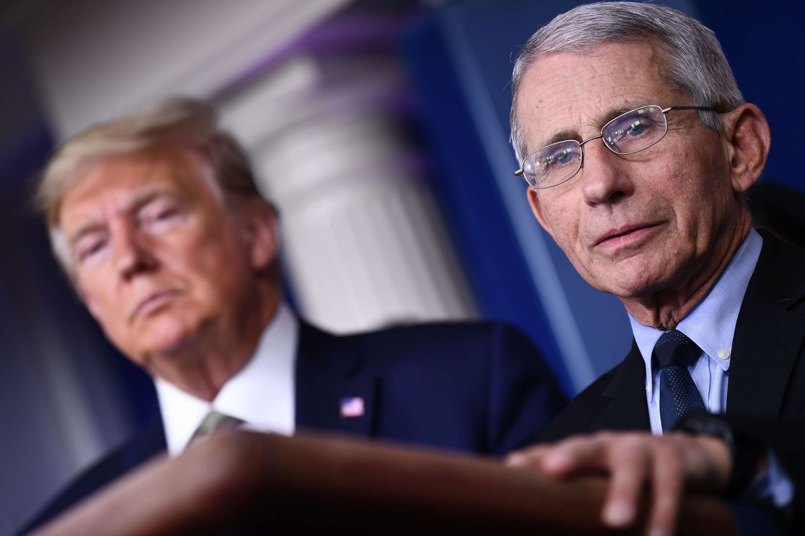PHOTO: Dr. Anthony Fauci speaks as President Donald Trump listens during the daily press briefing on the Coronavirus pandemic situation at the White House, March 17, 2020.