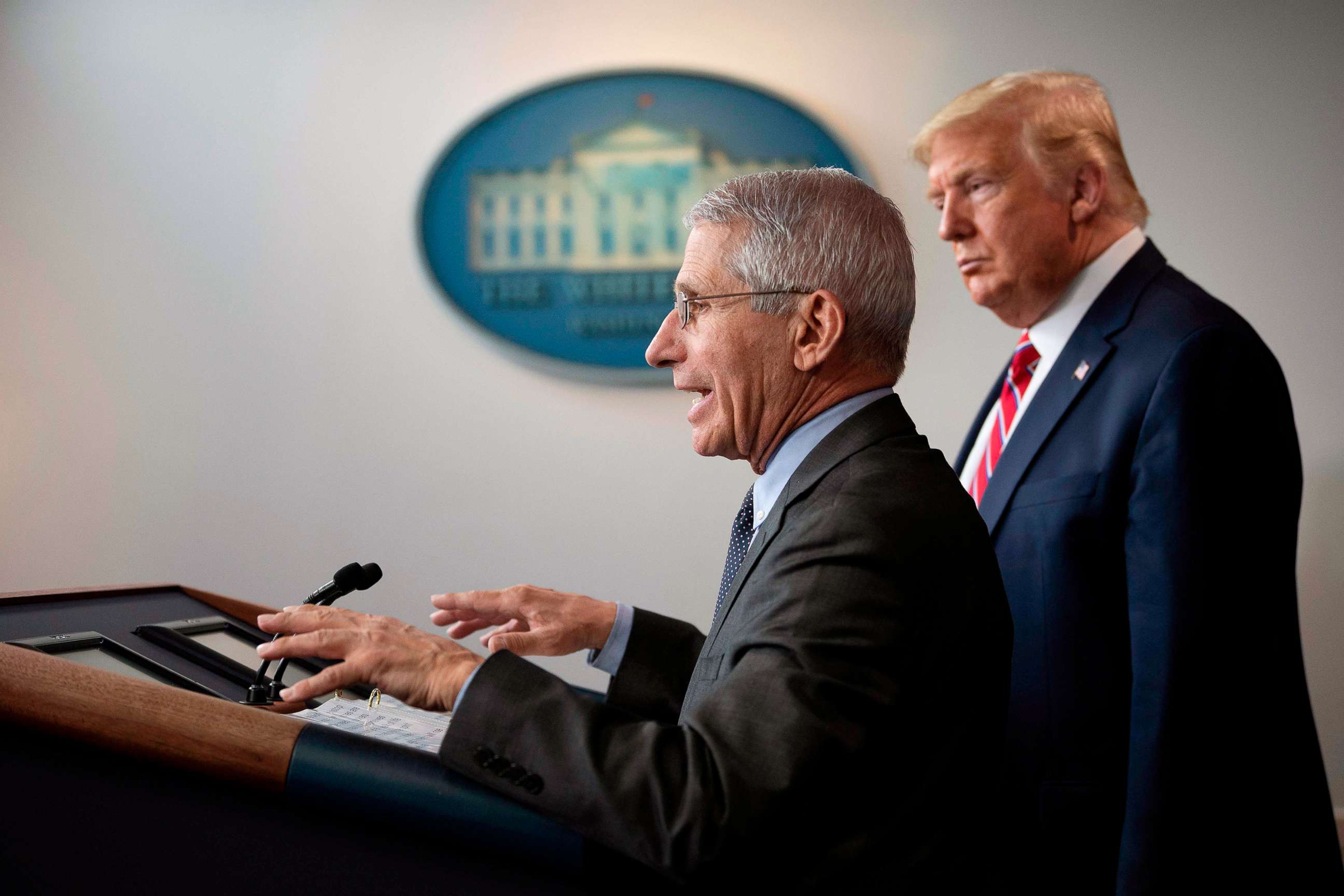 PHOTO: Dr. Anthony Fauci, director of the National Institute of Allergy and Infectious Diseases, speaks during a briefing on the latest development of the coronavirus outbreak in the U.S. at the White House, March 20, 2020, in Washington.