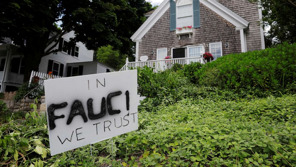 PHOTO: A sign reads "In Fauci We Trust," referring to the director of the National Institute of Allergy and Infectious Diseases Anthony Fauci, outside a home in Rockport, Massachusetts, July 13, 2020.
