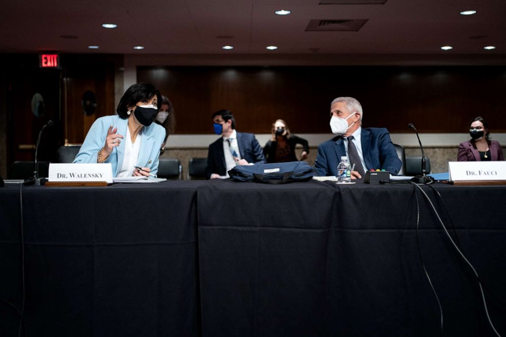 PHOTO: Dr. Rochelle Walensky talks to Dr. Anthony Fauci before a Senate Health, Education, Labor, and Pensions Committee hearing on Capitol Hill, Jan. 11, 2022, in Washington, D.C.