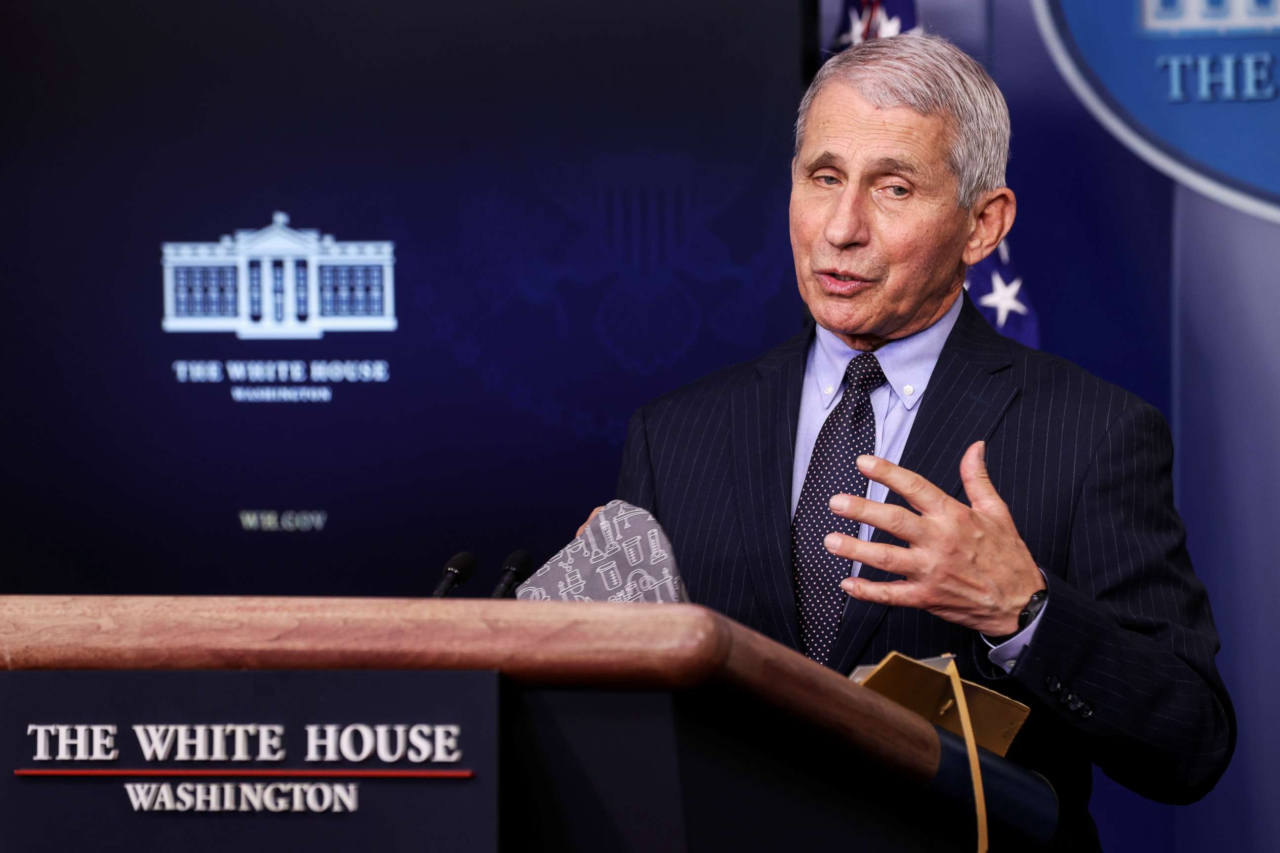 PHOTO: National Institute of Allergy and Infectious Diseases Director Dr. Anthony Fauci addresses reporters at the White House on Jan. 21, 2021.