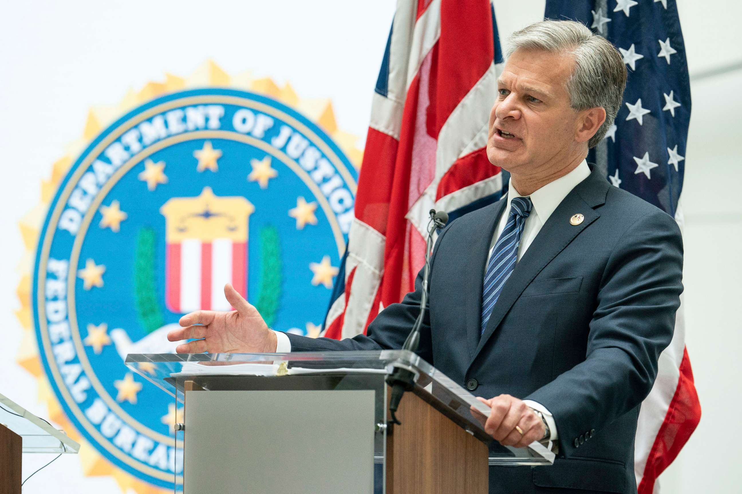 PHOTO: FBI Director Christopher Wray at a joint press conference with MI5 Director General Ken McCallum at MI5 headquarters, in central London July 6, 2022. 