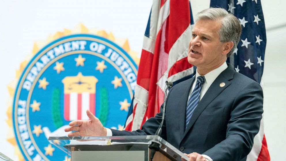 PHOTO: FBI Director Christopher Wray at a joint press conference with MI5 Director General Ken McCallum at MI5 headquarters, in central London July 6, 2022. 