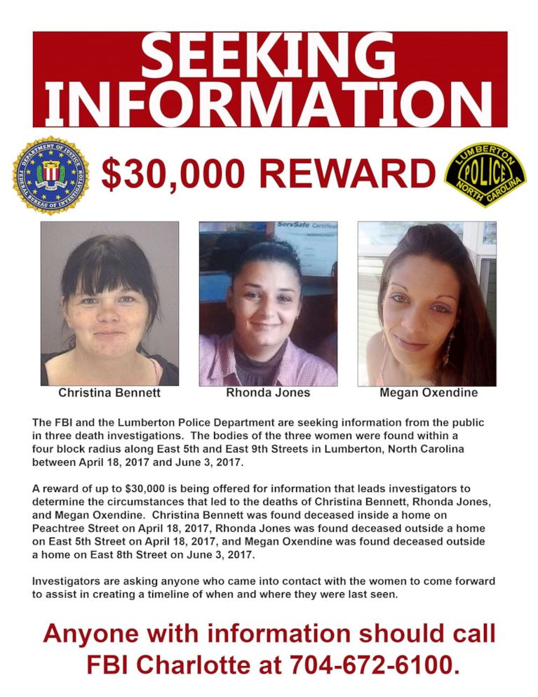PHOTO: Christina Bennet, Rhonda Jones and Megan Oxendine were found dead just weeks apart within a four-block radius in Lumberton, North Carolina, in 2017.