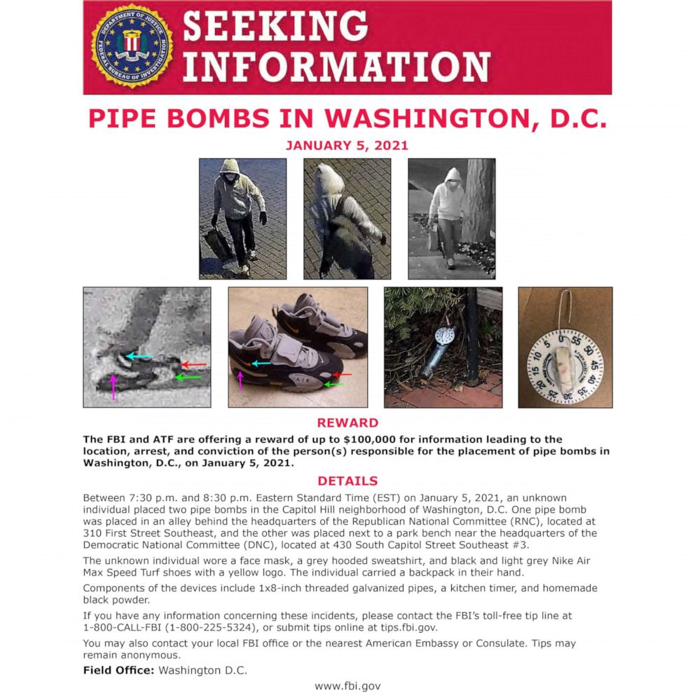 PHOTO: The FBI released a new poster on March 9, seeking information about an unknown individual who placed two pipe bombs in the Capitol Hill neighborhood of Washington, D.C. on Jan. 5, 2021.