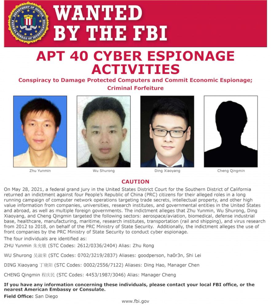 PHOTO: A poster released by the DOJ shows three Chinese nationals wanted by the FBI, who are charged in a global computer intrusion campaign targeting intellectual property and confidential business information, including infectious disease research.